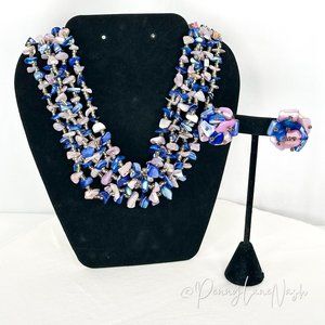 Vintage Multi Strand Chain Stones Necklace & Circle Earrings Set